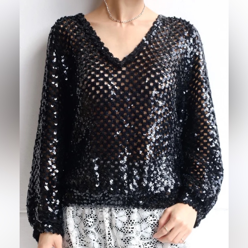 Vintage Anthony Muto Sequins Top Long‎ Sleeve V Neck Size Large Open Knit